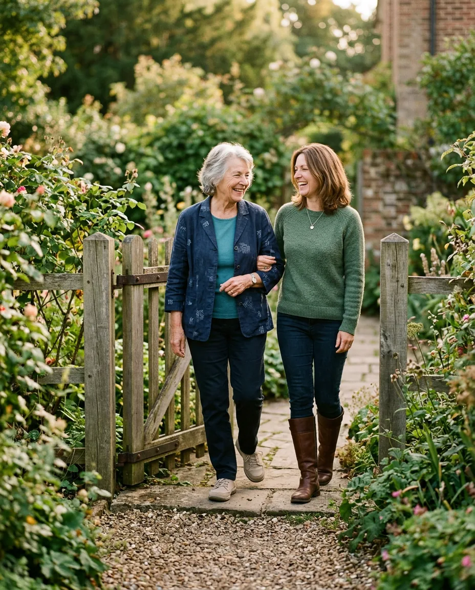 An older woman walking confidently through a garden gate with her adult daughter