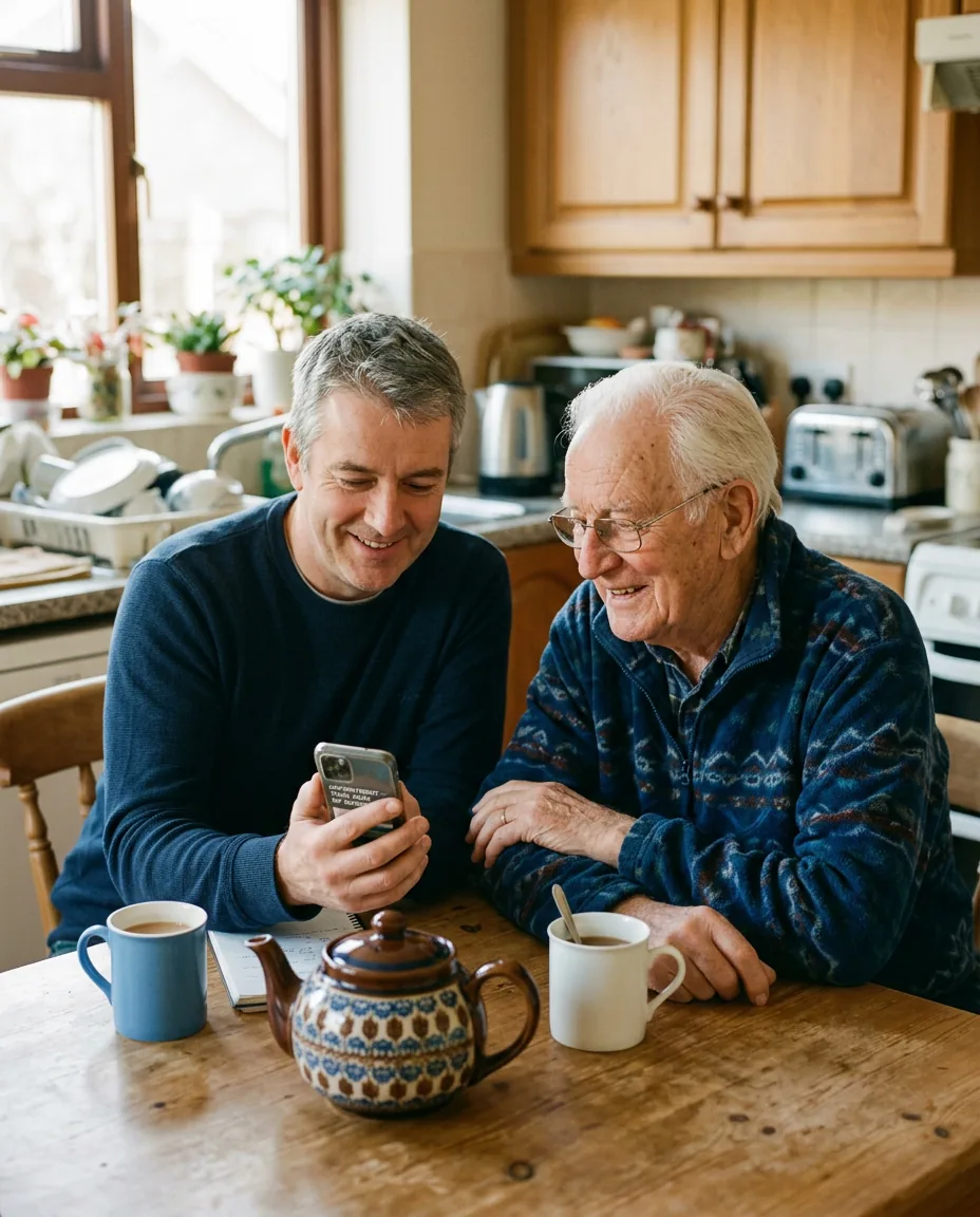 An adult son and his elderly father arranging a podiatry appointment together at the kitchen table