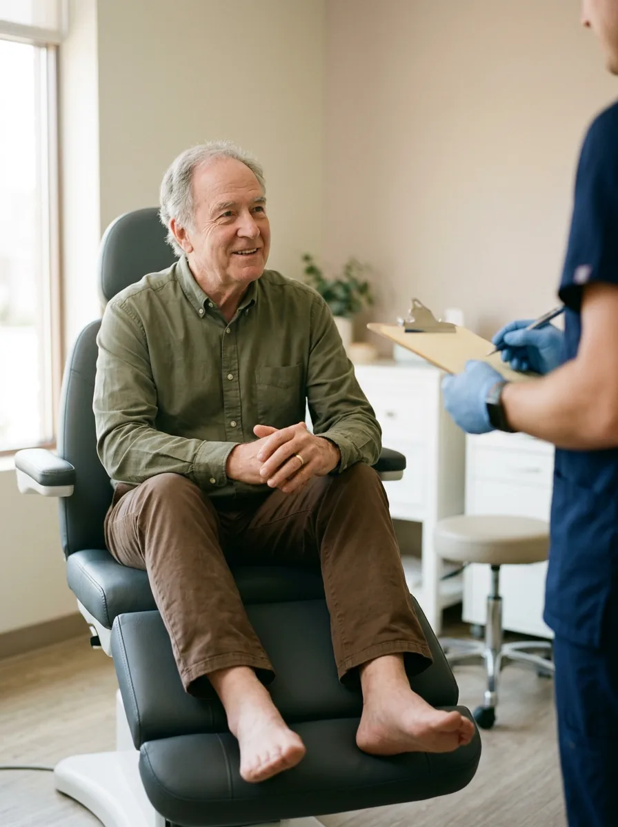 An older man sitting comfortably in the treatment chair, talking with the podiatrist at the start of an appointment