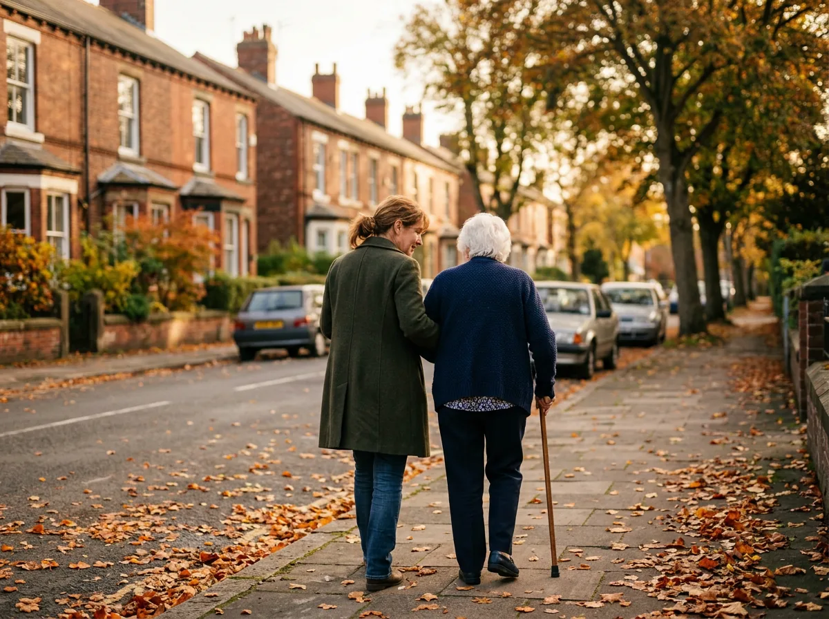 An adult daughter walking arm in arm with her elderly mother along a quiet residential street