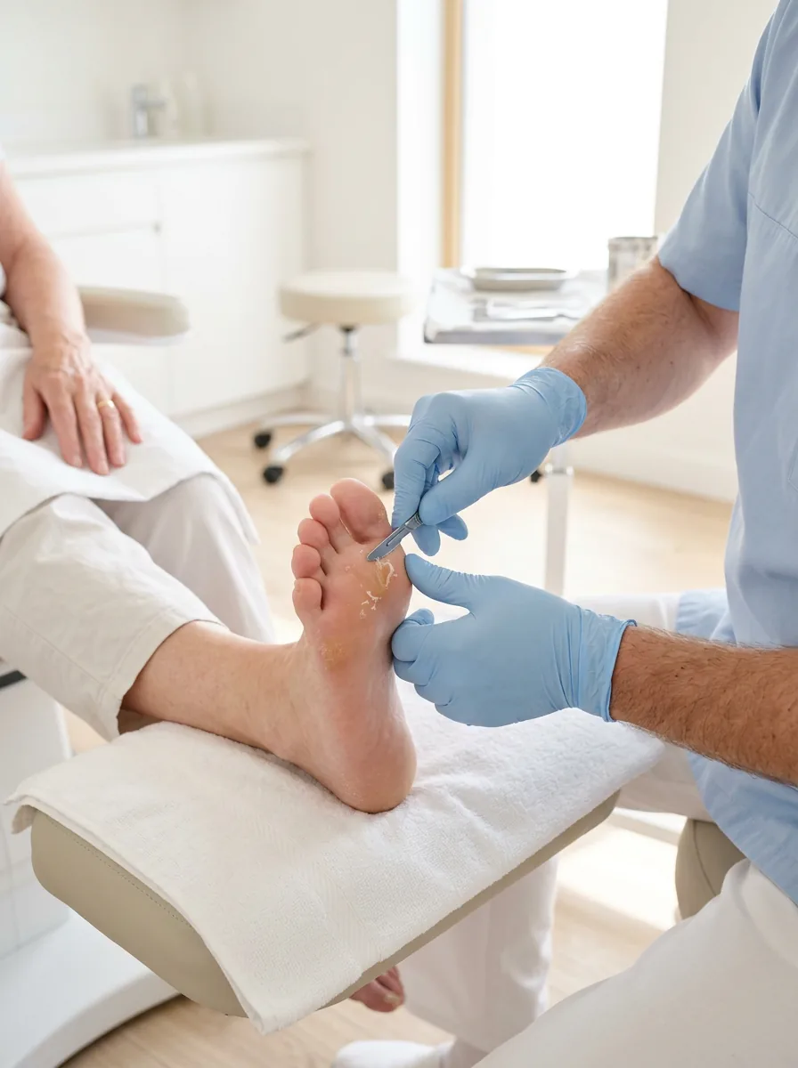 A podiatrist in a light blue tunic, out of frame, smoothing hard skin from the sole of an older patient's foot with a small blade in a bright treatment room