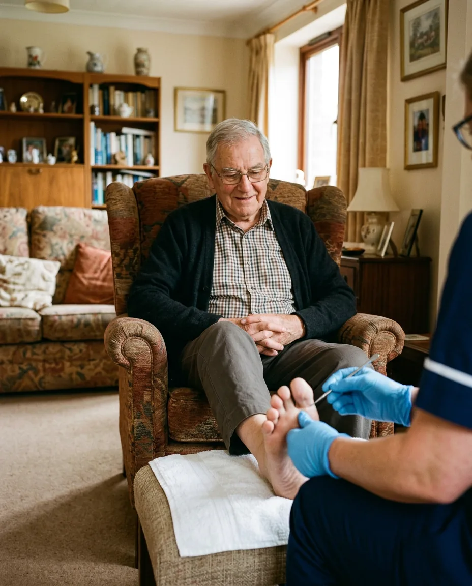 A podiatrist treating an older man's foot in his own living-room armchair during a home visit